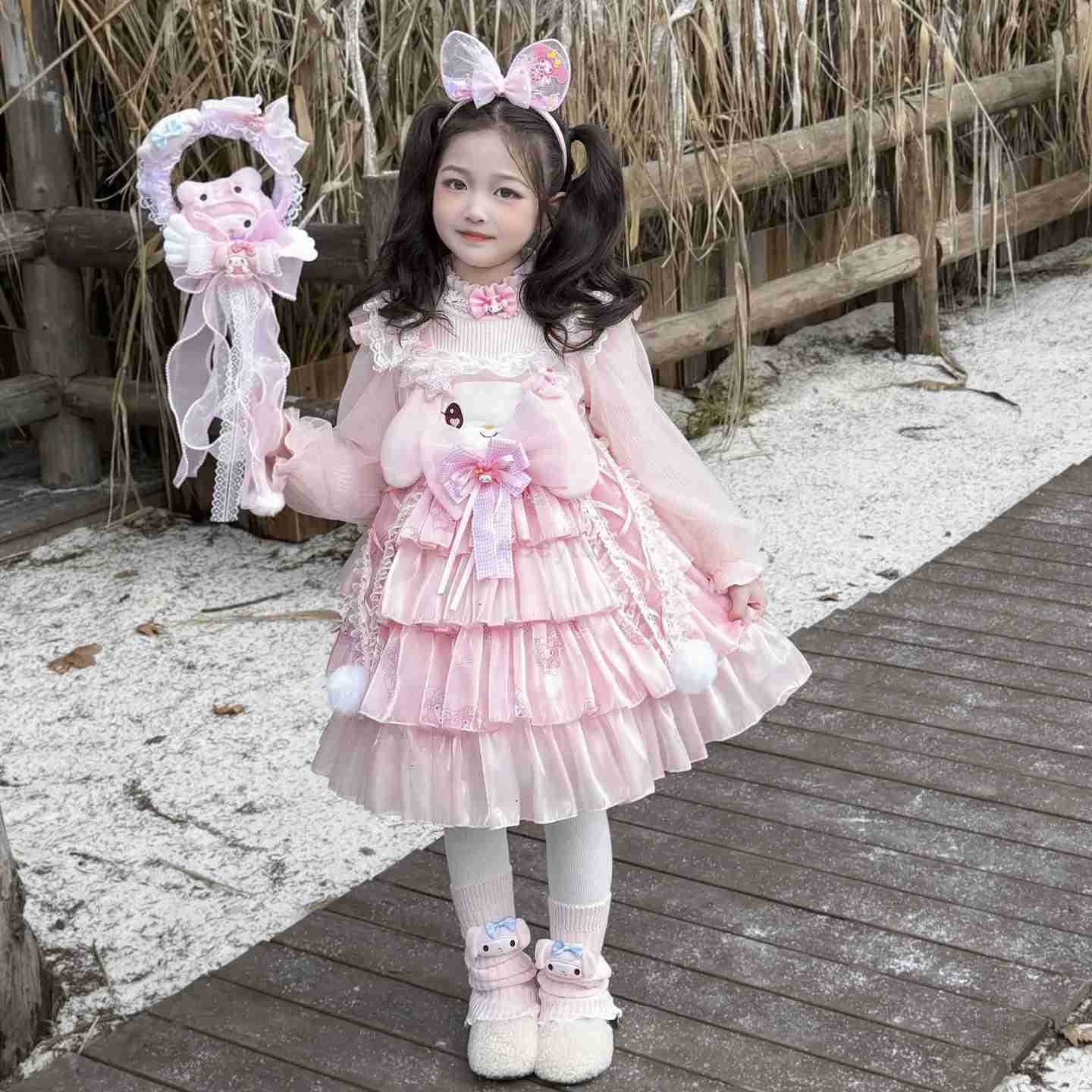 Sanrio Anime My Melody Lolita Princess Dress Girls Ruffled Tutu Skirt Layered Dress Kids Bow Decoration Party Dress Ball Gown Gift H251216