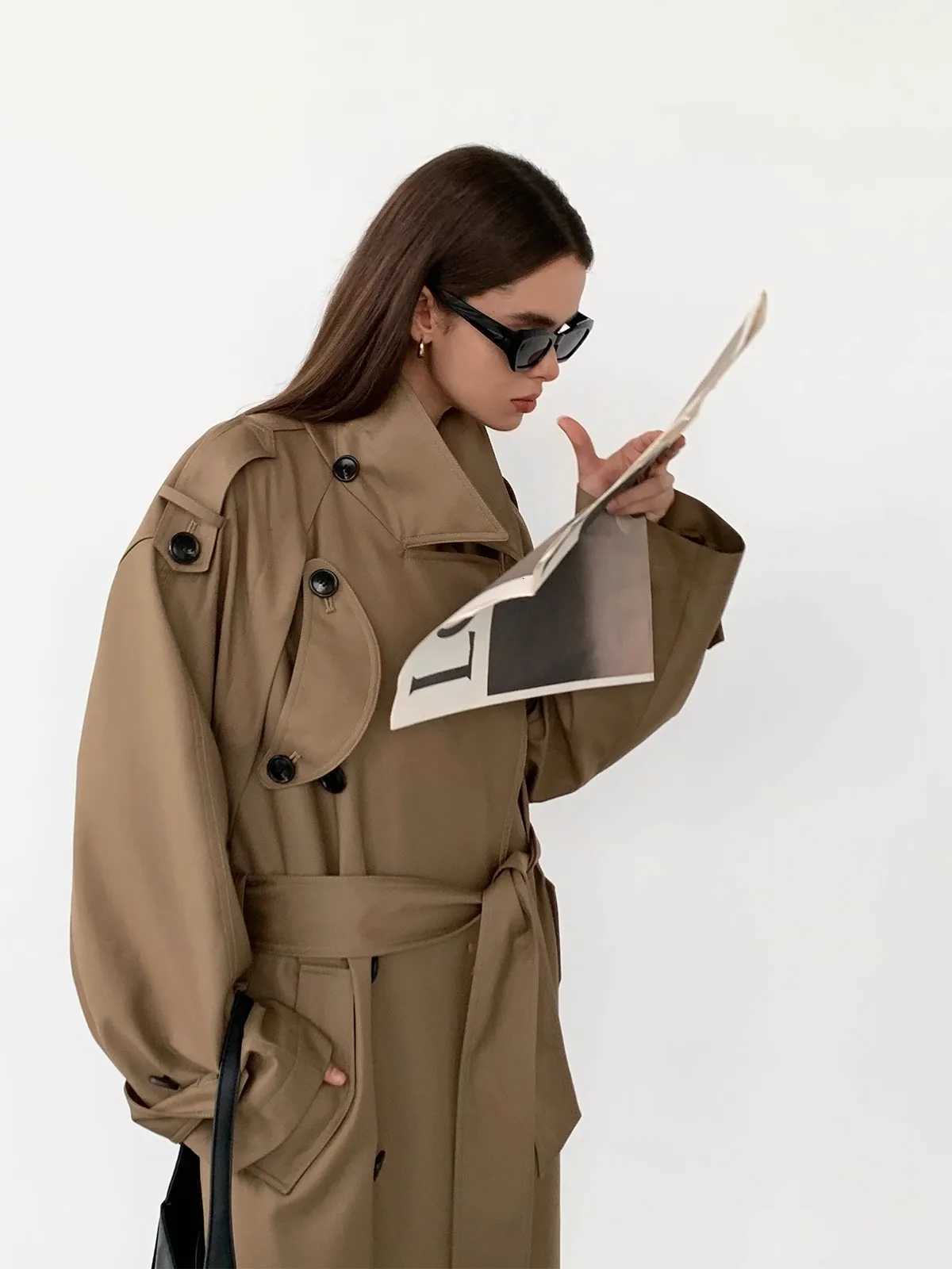 Mauroicardi Spring Autumn Grey Long Trench Coat for Women Sashed Double Breasted Loose Windproof Luxury Designer Clothes 2025T251216