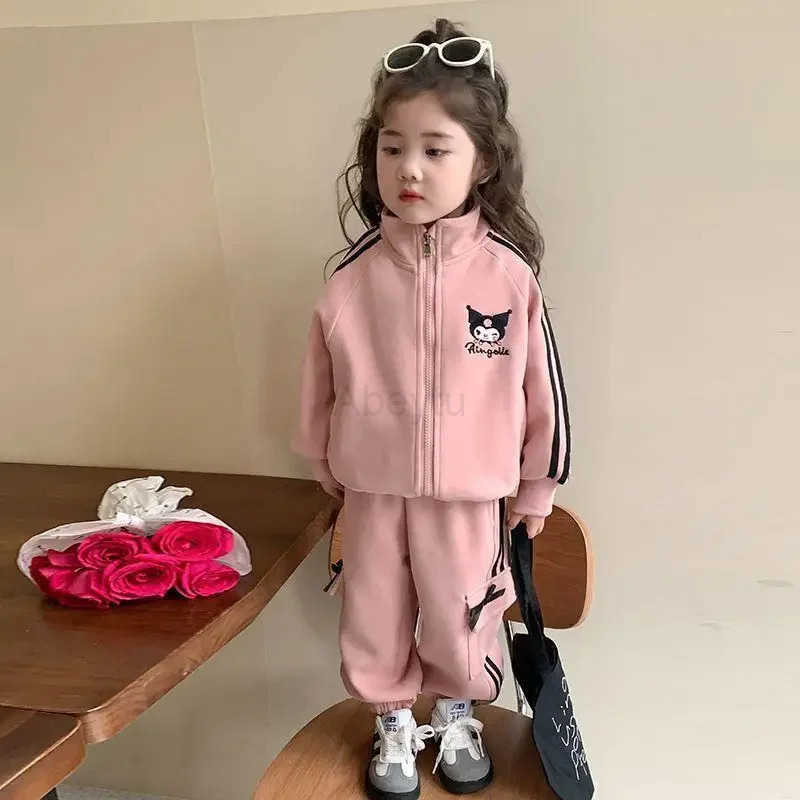 Sanrio Anime Cartoon Kawaii Girls Sweatshirt Suit Kuromi Spring and Autumn New Long Sleeve Trousers Solid Color Casual Cardigan H251216