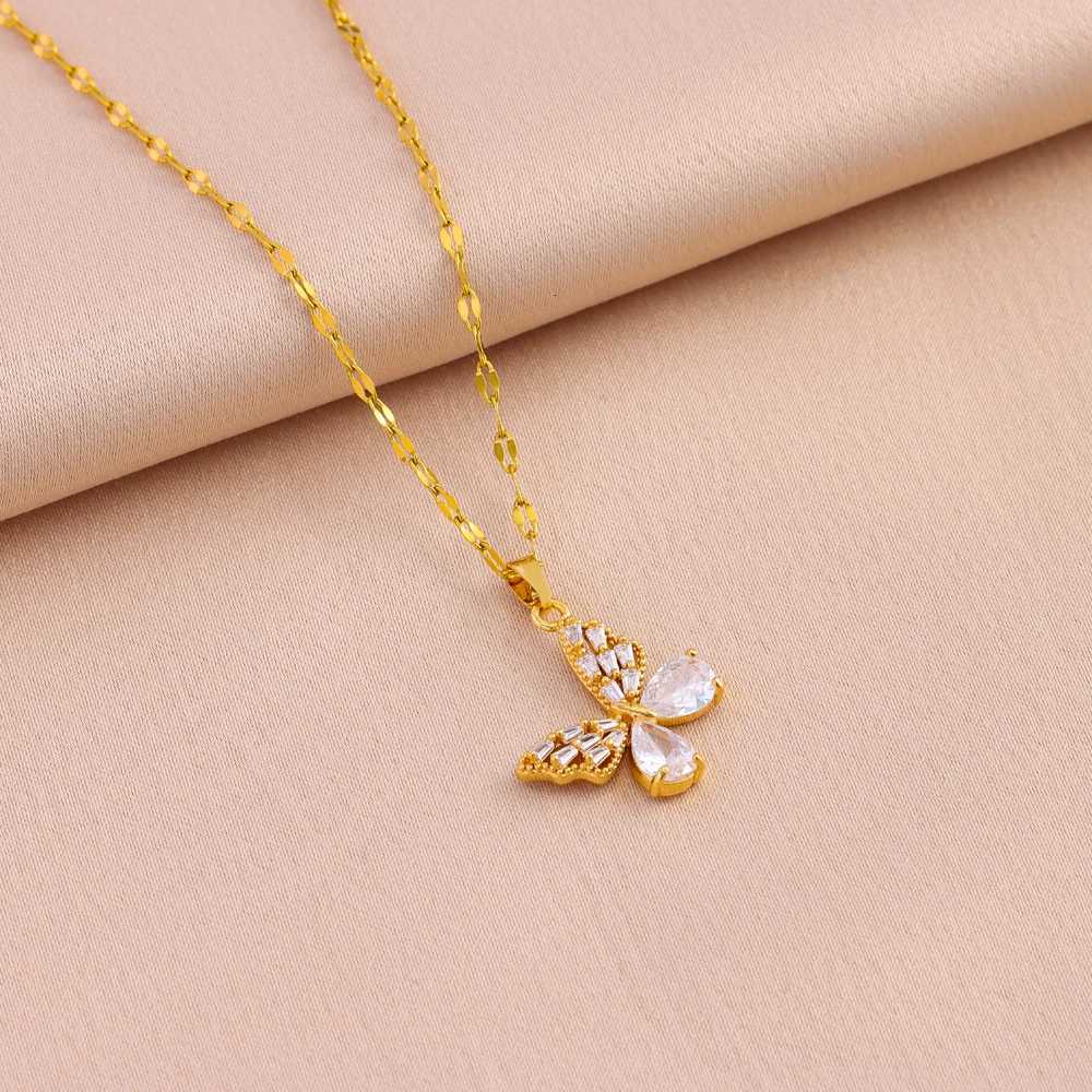 New In Sparkly Zircon Crystal Butterfly Pendant Necklaces For Women Fashion Light Luxury Gold Color Stainless Steel Neck Chain M251216