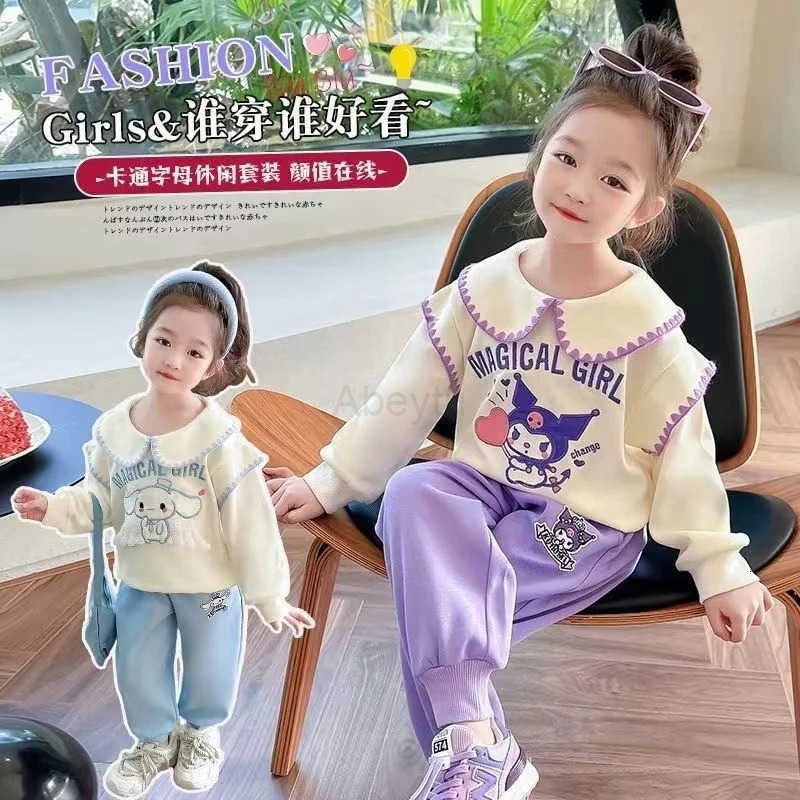 Sanrio Autumn Kid Girls Clothes Set Mandarin Collar Sweatshirts Pullover Top and Pants Bottom 2 Pieces Suit Children Girl Sweet Outfits H251216