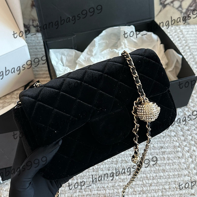Luxury Designer Black Velour Velvet Shoulder Bag With Shimmer Diamond Crush Gold Ball Crossbody Handbags Makeup Womens Brand Bags 17cm/20cm