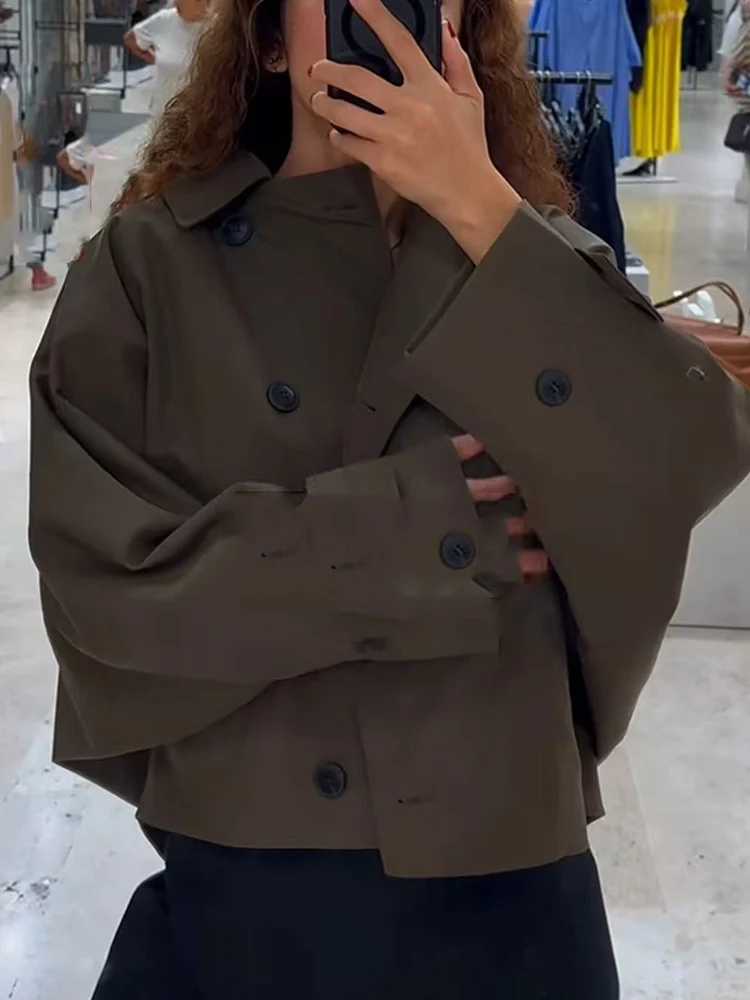 Womens Short Trench Coat Solid Hooded Loose Casual Overcoat Single Breasted Windbreaker Chic Lady Outfits 2025 Autumn NewT251216