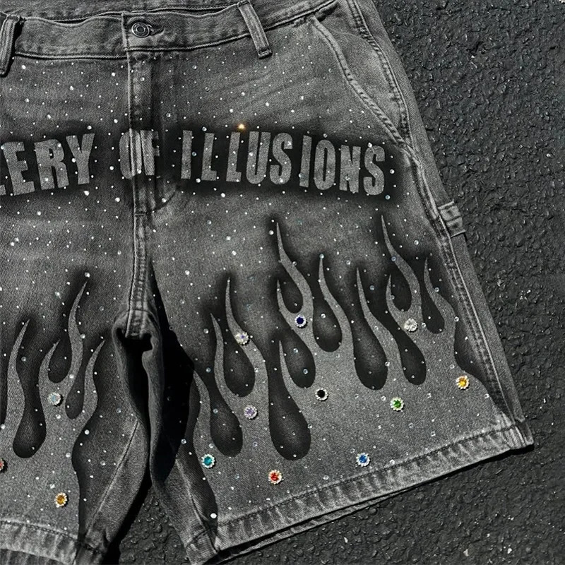 Y2K retro casual jeans flame pattern rhinestone decoration high waist denim shorts fashion mens hip-hop street clothing 251215