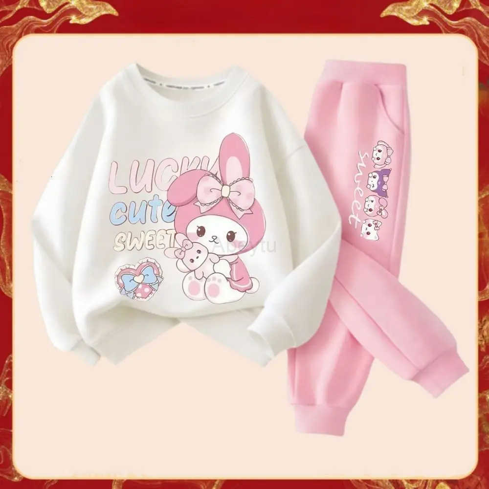 Sanrio Spring Autumn Childrens Melody Print Clothes Sets Kids Kawaii Sweatershirts Pullover Tops Pants 2Pcs Outfit Tracksuit H251216