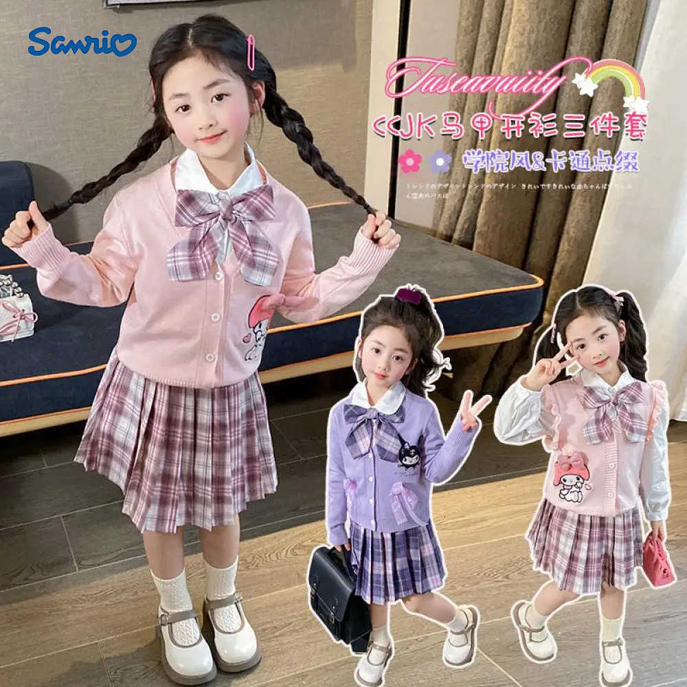 Sanrio Anime Kuromi My Melody 3Pcs Childrens Suit Jk Plaid Skirt Sanrioes College Style Set Cardigan Pleated Skirt Kids Spring Autumn H251216