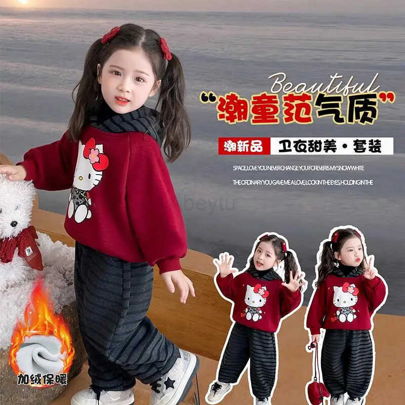 Sanrio Hello Kitty Thicken Two-Piece Set Hoodie Pants Girl Autumn Winter Hoodie Sportswear Child Kawaii Anime Cartoon Clothing H251216