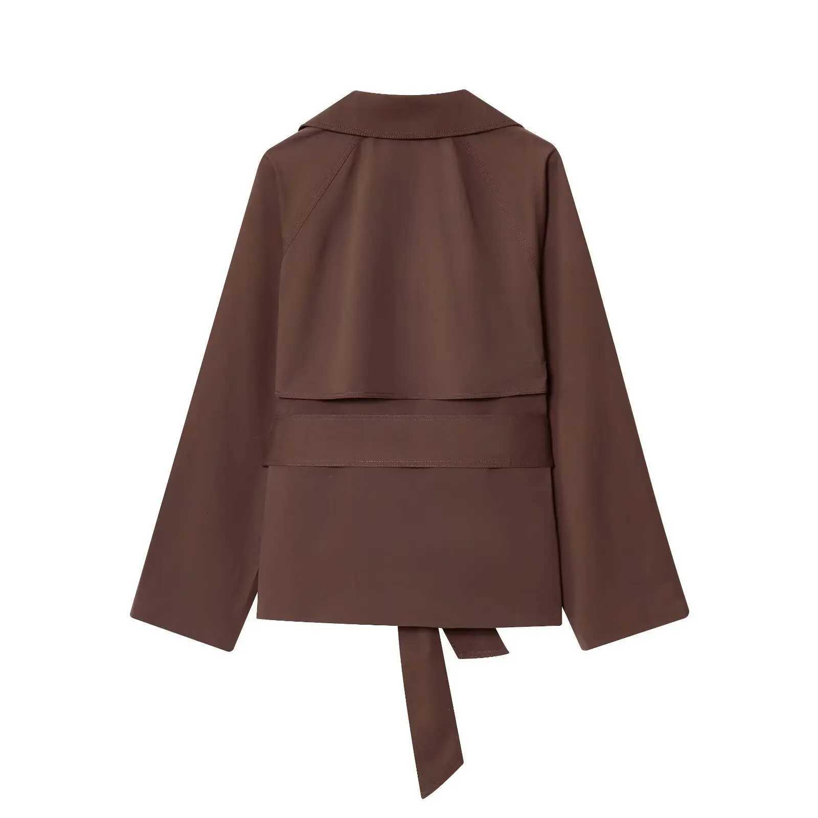 Autumn Womens Short Trench Coat Deep Brown Turn Down Collar Lace up Jacket Korean Style Lady Outerwear CoatT251216