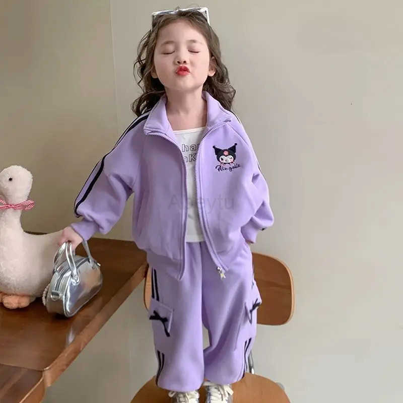 Sanrio Kawaii Kuromi Cartoon Fashion Suit Autumn Students Lovely Cardigan Sweatpants Children Birthday Presents for Girls H251216
