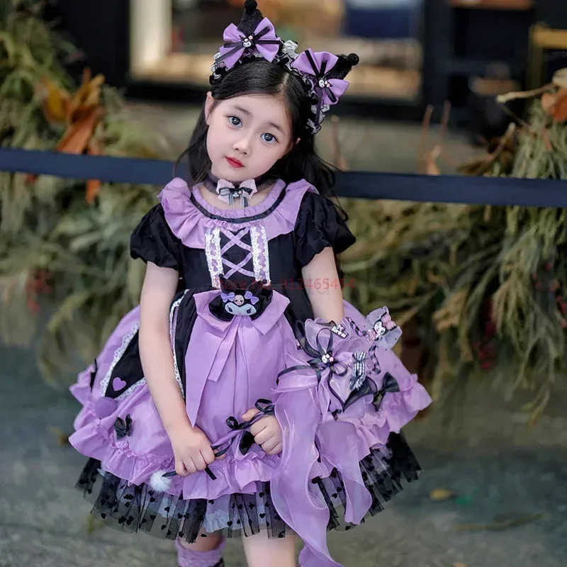 Sanrio Kawaii Cosplay Kuromi Lolita Princess Dress Summer Childrens Costume Dress Puffy Skirt Suit Cute Girl Birthday Gift H251216