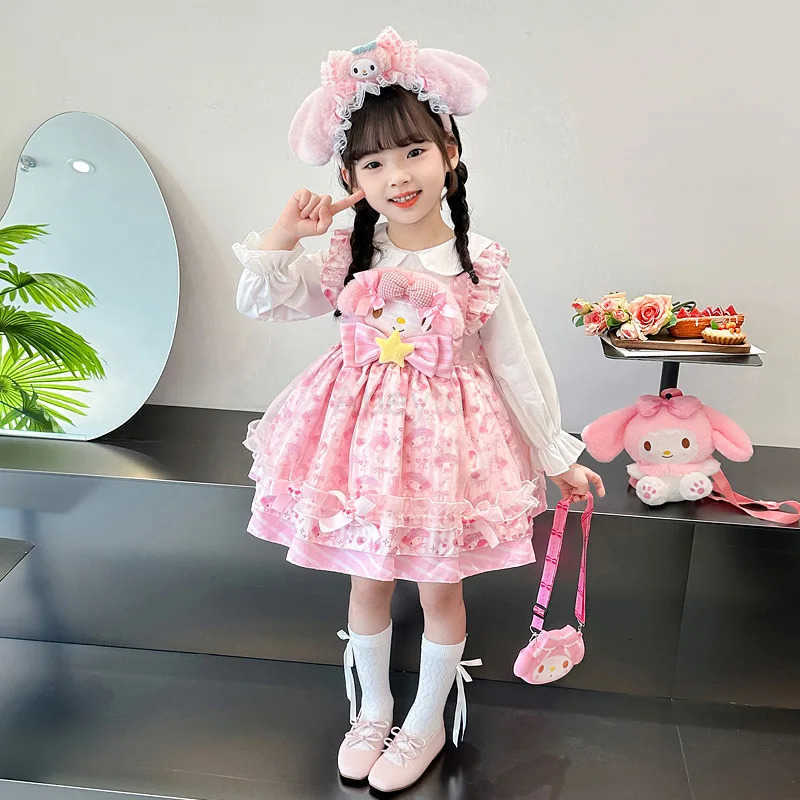 Sanrio Anime My Melody Girls Lolita Dress Vintage Lace Party Dress for Kids Ruffled Tutu Skirt Princess Costume Outfit for Birthday H251216