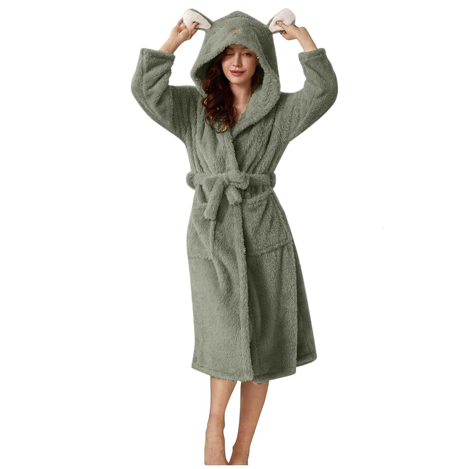 Fall and Winter Plush Thicken Night Robe Basic Solid Color Bathrobe with Rabbit Shaped Hooded Soft Comfortable Home Wear C251216
