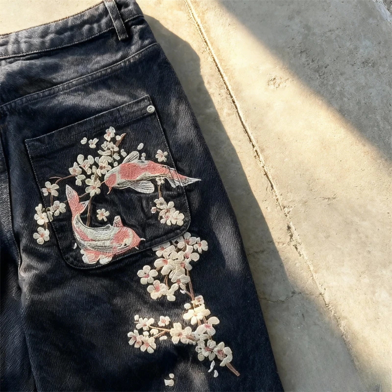 Y2K Baggy jeans Harajuku Pisces Embroidery Cherry Blossom Selvedge Denim Pants Gothic Vintage Casual wide leg pants streetwear 251212