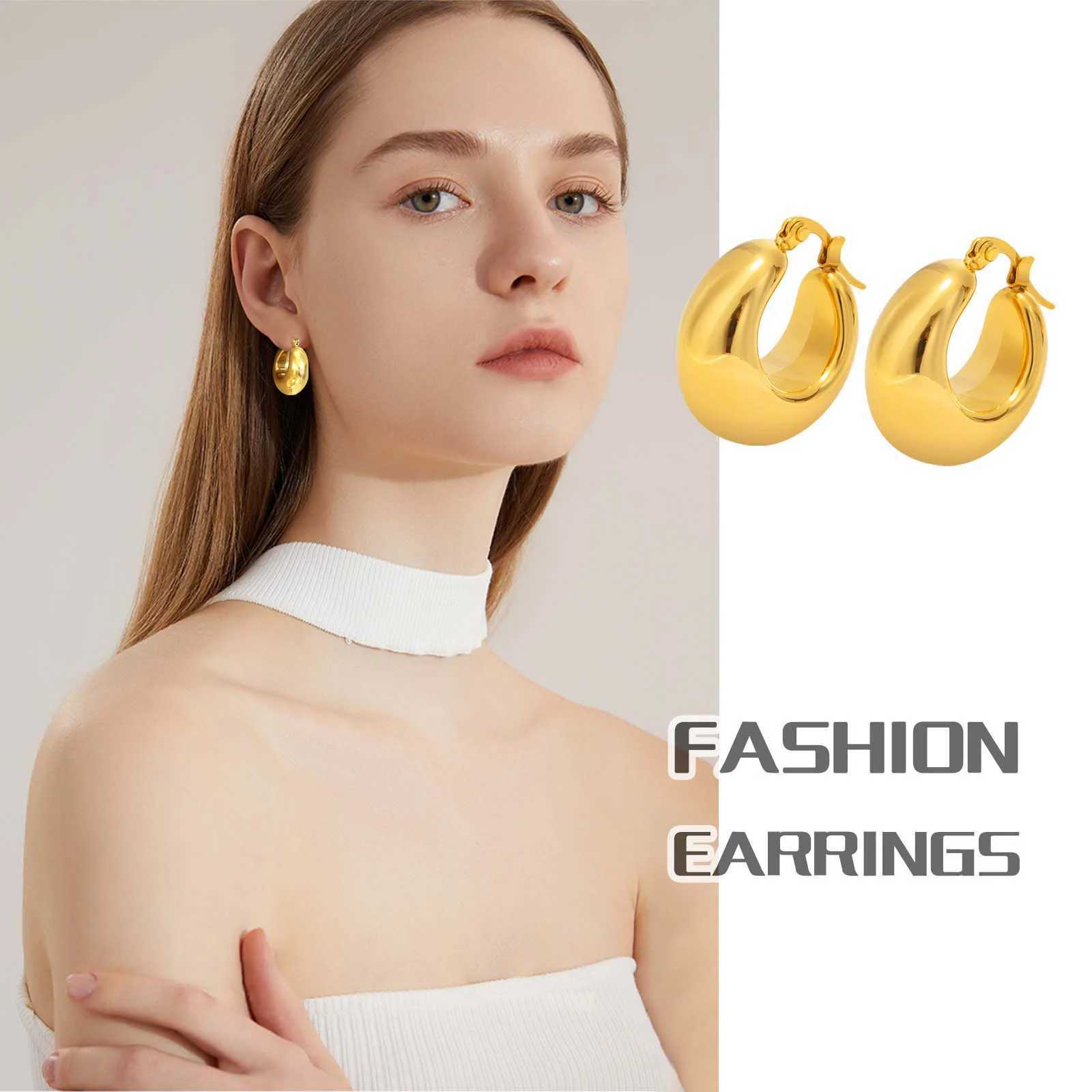 SKU Trendy Chunky Stainless Steel Hoop Earrings for Women Girls Lady Dainty Gold Color Half Hollow Round Circle Ear Jewelry G251216