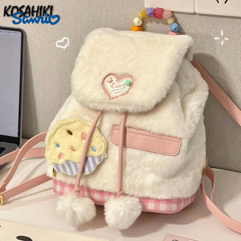 Sanrio 2025 New Sweet Girls Fluffy Backpack Fashion Kawaii Women All Match Schoolbags Casual Students Faux Fur Backpacks Y2k Aesthetic H251216