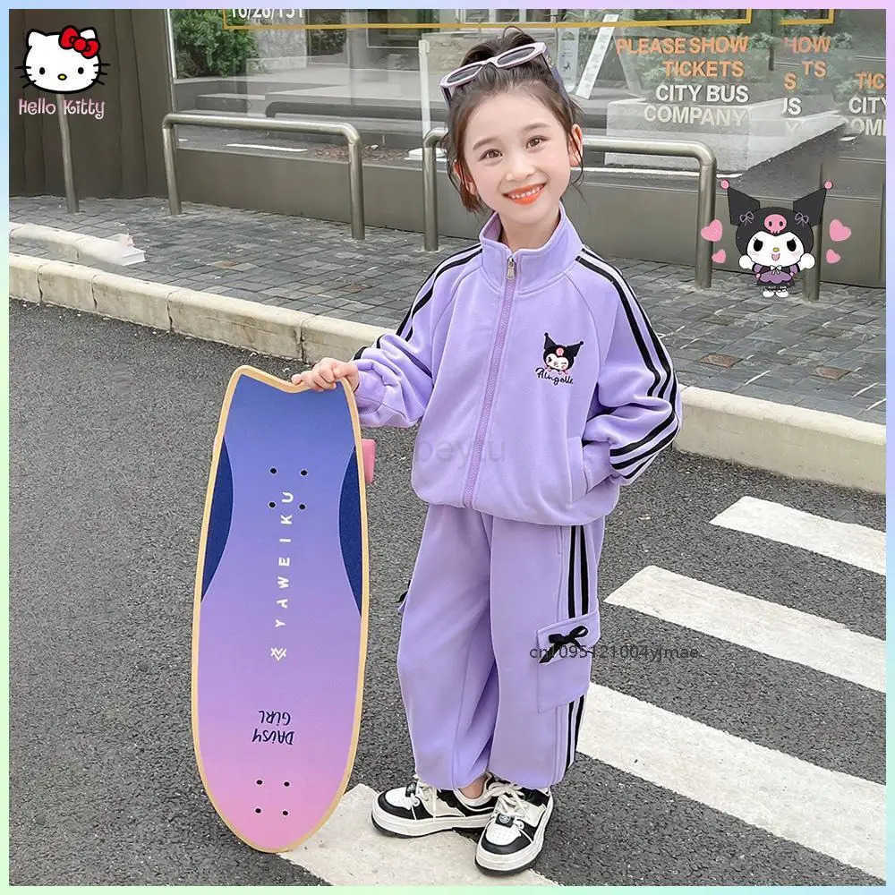 Sanrio 2Pcs Cartoon Kuromi Childrens Sports Set Coat Pants Anime Cartoon Spring Autumn Girl Korean Fashion Casual Zipper Jacket H251216