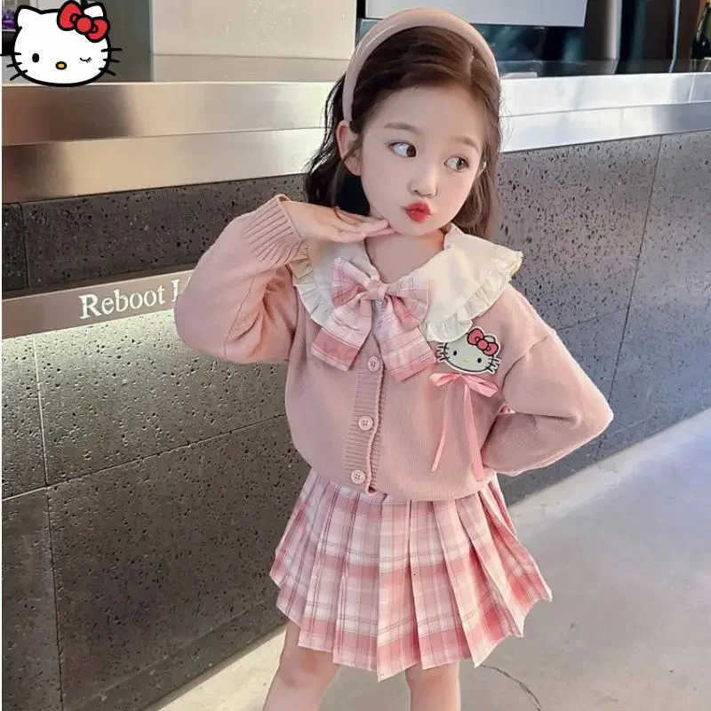 Sanrio Kawaii Girls Fashion Jk Skirt Set Hello Kitty Anime College Style Cartoon Doll Collar Shirt Pleated Skirt Cardigan Jacket H251216