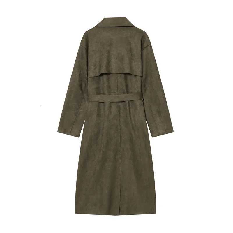 Womens Trench Coat 2025 Autumn New Style Military Green Long Sleeve Suede Effect with Belted Decoration Long Coat StylishT251216