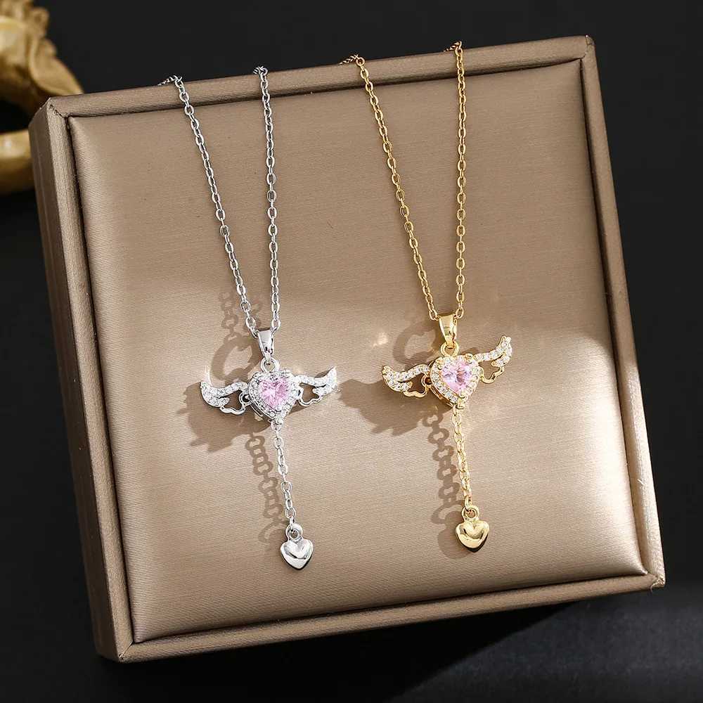 Cupid 18K Gold Plated Necklace Angel Wings Heart Tassel Pink Zircon Pendant Necklace for Women M251216