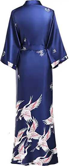 Print Crane Lady Kimono Bathrobe Gown Women Wedding Robe Loose Soft Satin Nightgown Sleepwear V-neck Long Novelty Nightwear C251216