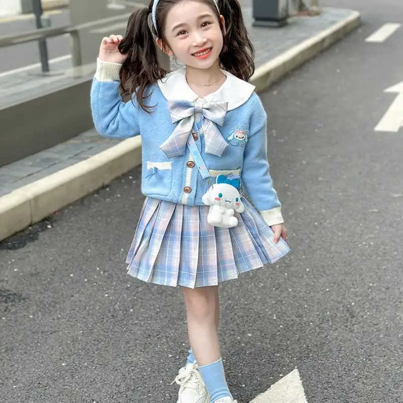 Sanrio hot Cinnamoroll Cartoon Knitted Cardigan Suit Skirt Spring Autumn Cute Sweet Girls Jk Uniform Suit Three Piece Set New H251216