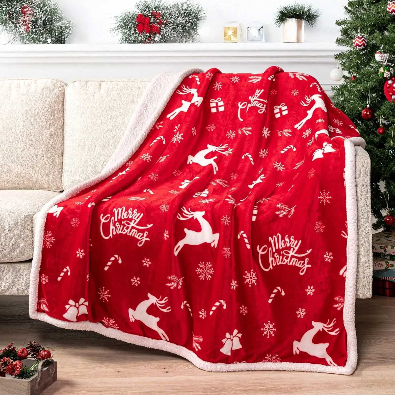 Red Christmas Blanket Santa Claus Snowman Throw Blanket Double Layer Thickening Fluffy Soft Fleece Flannel Blanket Home Decor H251216 - view 5