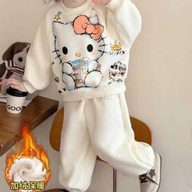 Sanrio Hot Girl Coat Set Hello Kitty Kawaii Anime Autumn and Winter Student Tops Long Pants Childrens Clothing 2-Piece Set New H251216