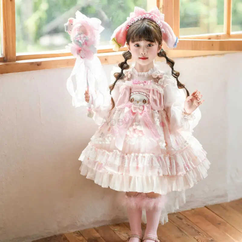 Sanrio My Melody Anime Girl Lolita Princess Dress with Lace Fluffy Skirt Bow Decoration Layered Festival Party Ball Gown for Kids H251216