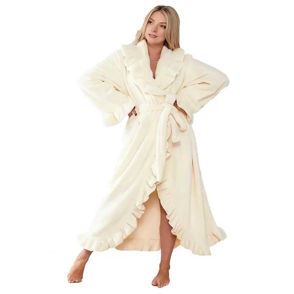 Terry Cloth Bathrobe Cozy Womens Winter Robe Collection Fuzzy Ruffle Shawl Collar Kimono Bathrobe Plush Lounge for Warmth C251216