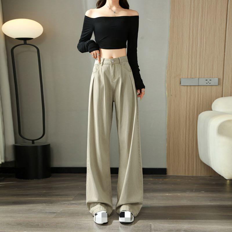 Women's Khaki Wide-Leg Jeans - Pleat-Draped Loose Straight Floor-Length Pants---7945---2