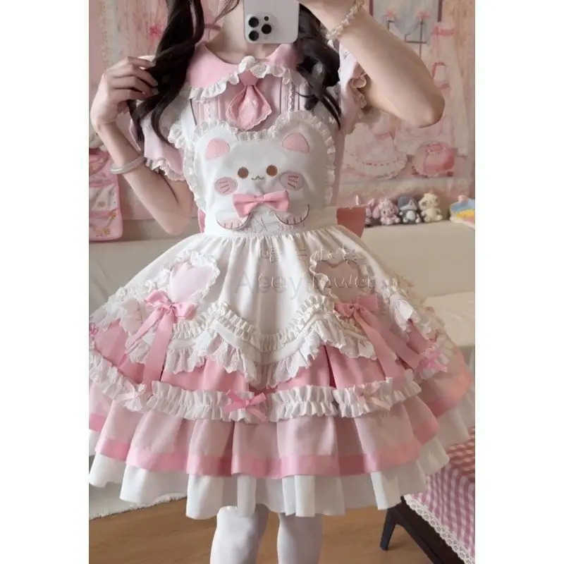 Sanrio 2025 Japanese Sweet Lolita Kawaii Dress Women Spring Printed Bow Fake Two Piece Dress Female Korea Style Design Party Clothing H251216