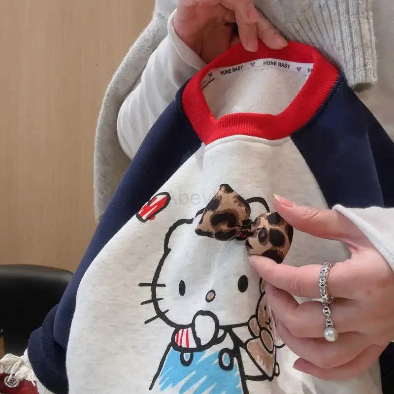 Sanrio Hot Hello Kitty Kids Cotton Sweatshirt Pants Sets Children Cartoon Kawaii Coat Pants Thickened Autumn/winter Clothes New H251216