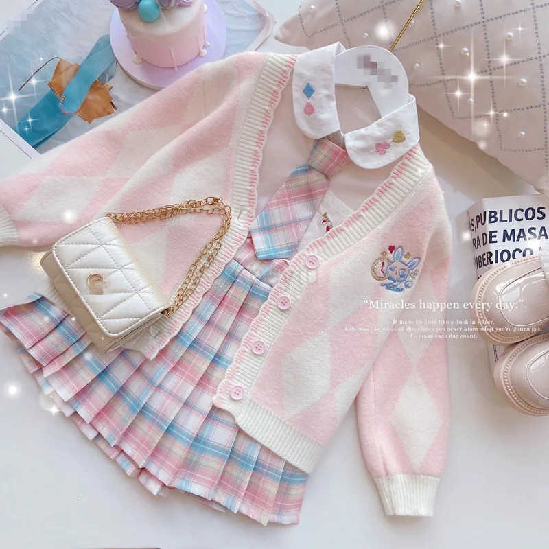 Sanrio 3Pcs Y2K Kuromi Hello Kitty Girls Clothing Cardigan Jk Plaid Skirt Highquality Shirt Sweater Springautumn Teen College Set H251216