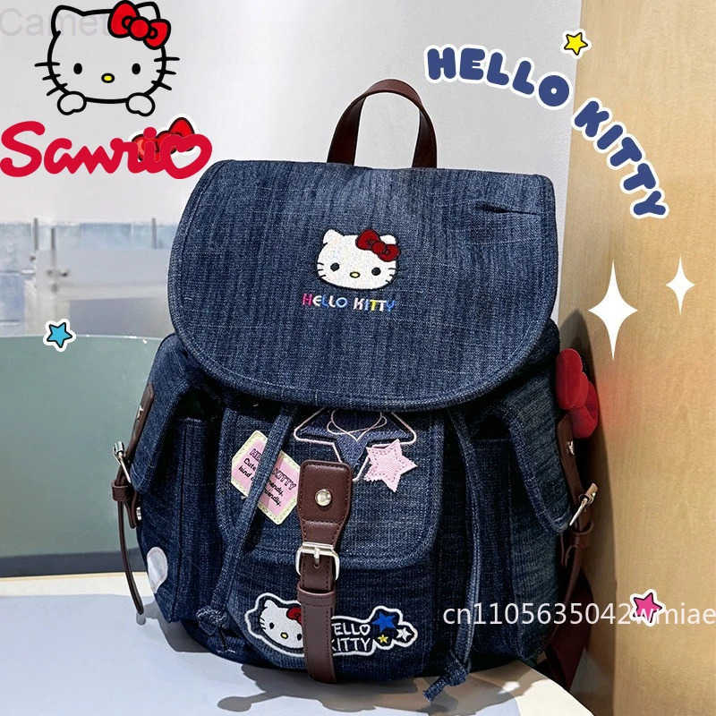 Sanrio New Denim Backpack Fashionable High Quality Womens Drawstring Backpack Cartoon Versatile Large Capacity Girls Storage Backpack H251216