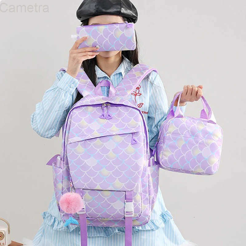 Sanrio 3Pcs Cinnamoroll Fish Scale Kid Backpack With Mermaid Pendant Lunch Girl School Bag Children Schoolbag For Teenage Girls H251216