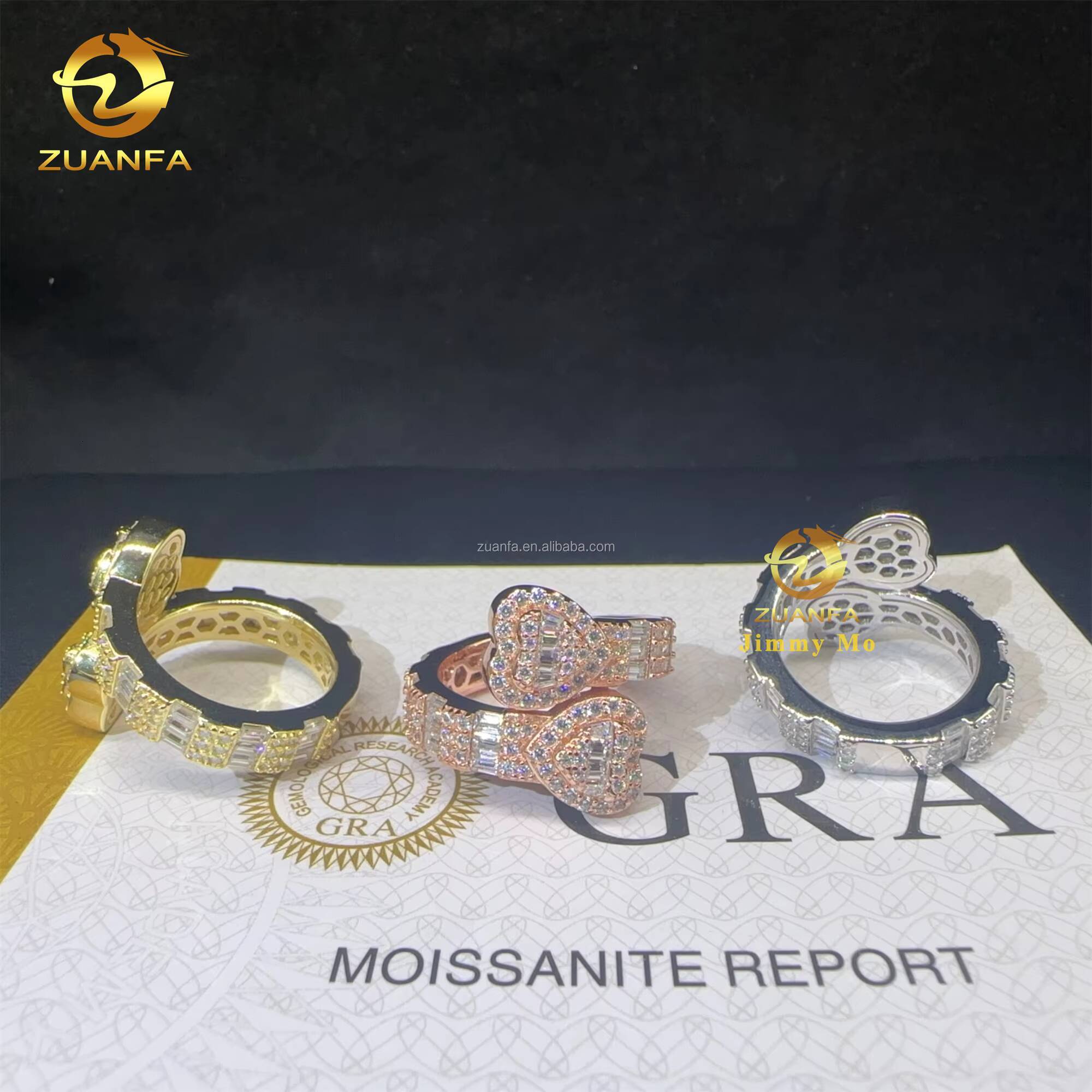 Drop Shipping Price 925 Sterling Silver Full With Baguette Moissanite Diamond Hip Hop Iced Out Two Heart Shape Ring Women Mens
