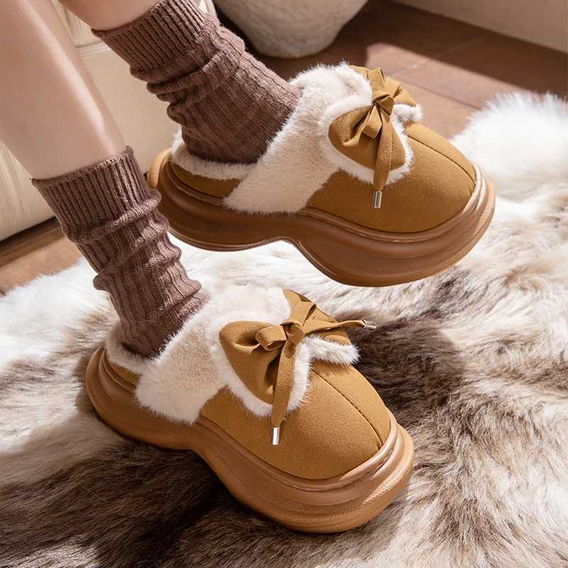 Bow Fluffy Womens Slippers Home Winter Plush Luxury Designer Woman Shoes Wedges Platform Fuzzy Fur Slides Fashion Soft Sole Z251216