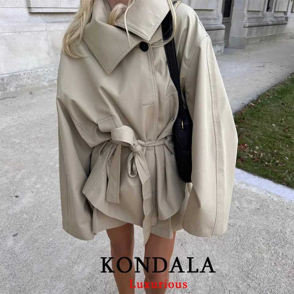 KONDALA Office Lady Chic Khaki Trench Jackets Women Long Sleeve Single Buttons Loose Coats Fashion 2025 Fall Stand Collar JacketT251216