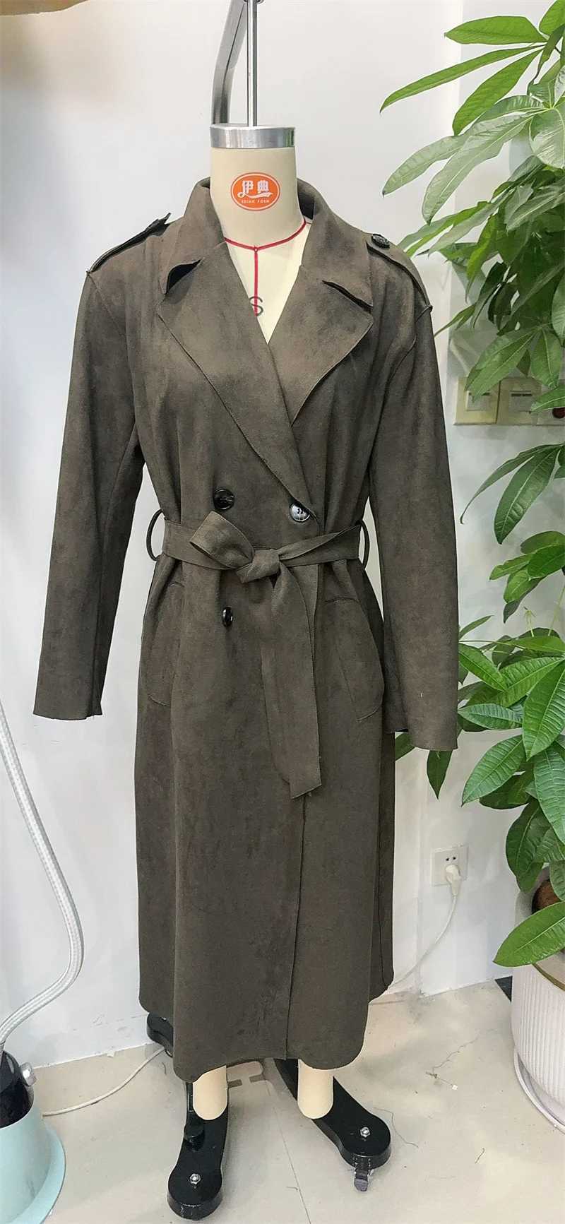 Womens Trench Coat 2025 Autumn New Style Military Green Long Sleeve Suede Effect with Belted Decoration Long Coat StylishT251216