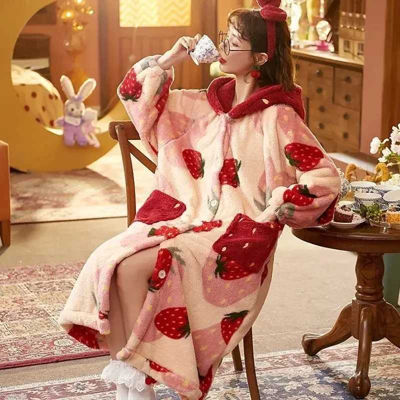 Kawaii Flannel 2024 Winter Kimono Nightgown Strawberry Cute Home Wear for Women Sleepwear Warm Bathrobe Cartoon Hooded Long Robe C251216