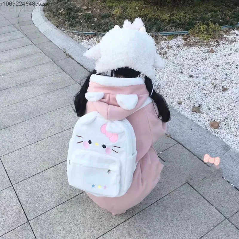Sanrio Hello Kitty New Cute Embroidered Bow Plush Backpacks Y2k Girls Japan Style Aesthetic Bags Kawaii White Shoulder Bag Women H251216