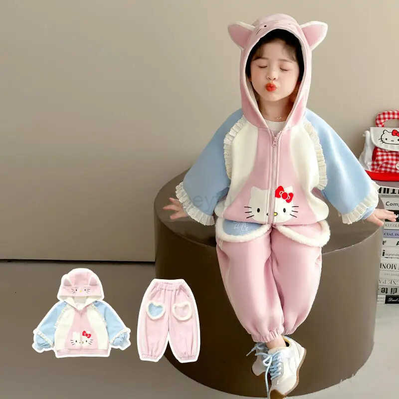 Sanrio Anime Hello Kitty Girls Lace Hoodie and Pants Set Spring Fall Style Casual Cardigan Fall Clothes Two Piece Set of Sportswear H251216
