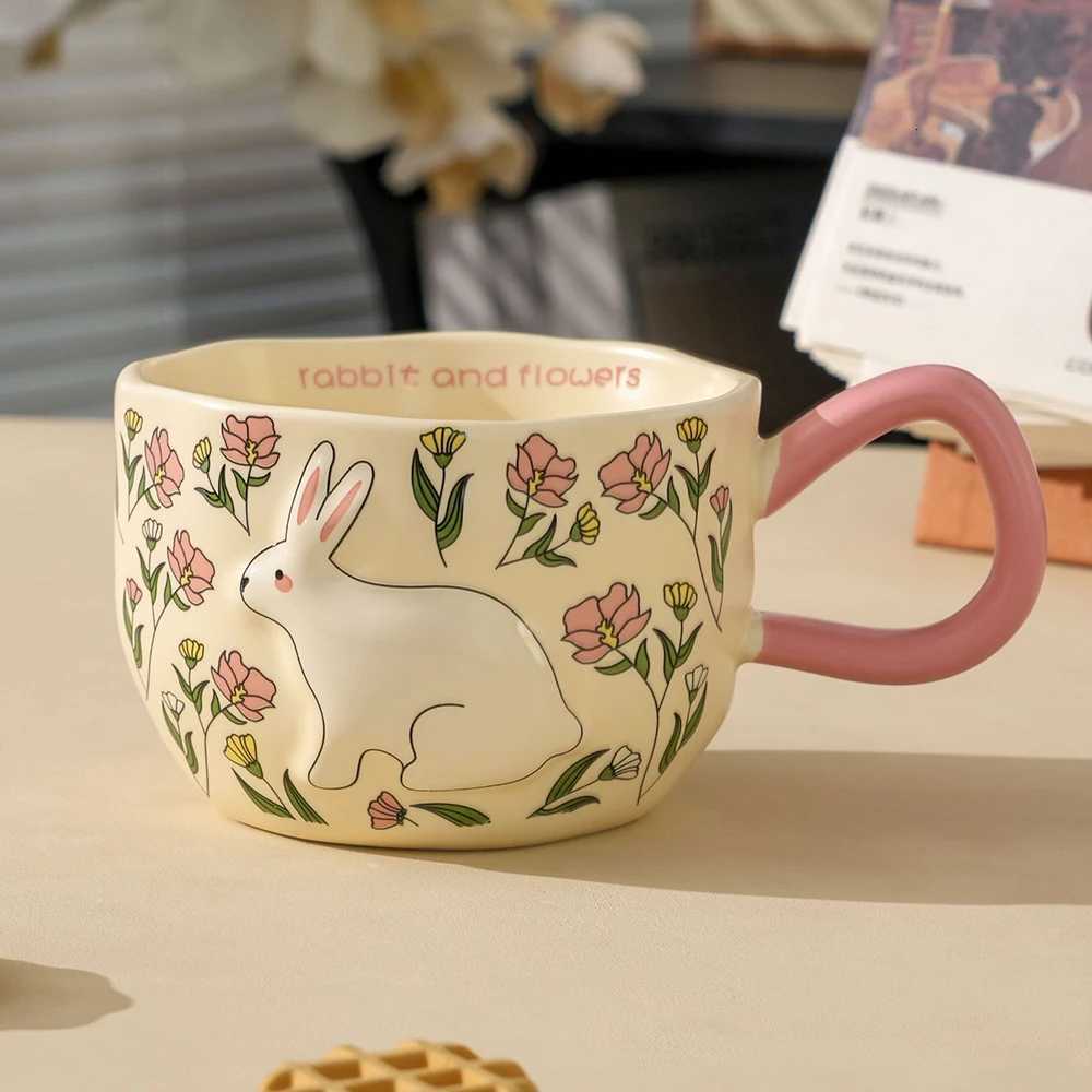 Rabbit Ceramic g Floral Pattern Milk Cup Colorf Drinkware Cute Design Embossed Design Teacup For He Tableware H251215