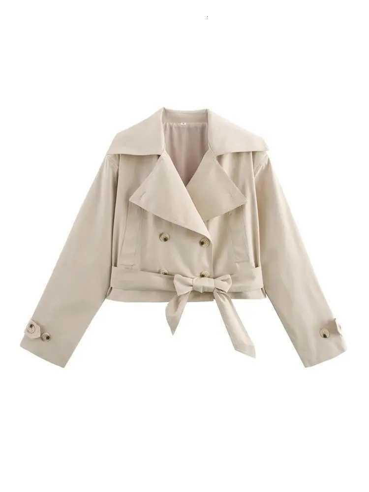 Double Breasted Crop Trench Coat for Women Fashion Belt Long Sleeve Lapel Collar Chic Outerwear Female TopsT251216