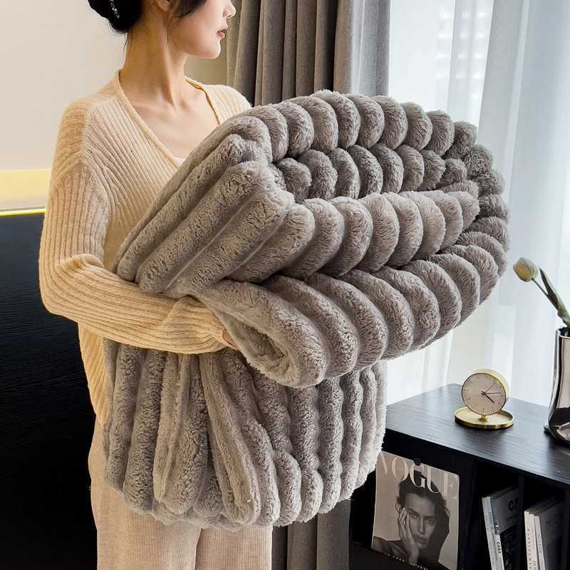 Furry Plush Warm Winter Blanket Solid Strip Velvet Coral Fleece Flannel Soft Thick Bedspread for Bed Sofa Single Double Size H251216 - view 6