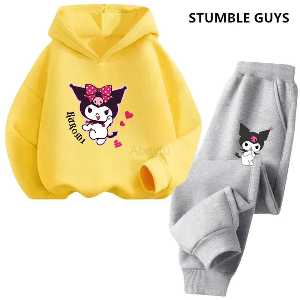 Sanrio Kawaii Kuromi Children Hooded SweatshirtPants Two-piece Set BoyGirl Autumn Winter Daily Outdoor Vacation Casual Warm Sportswear H251216
