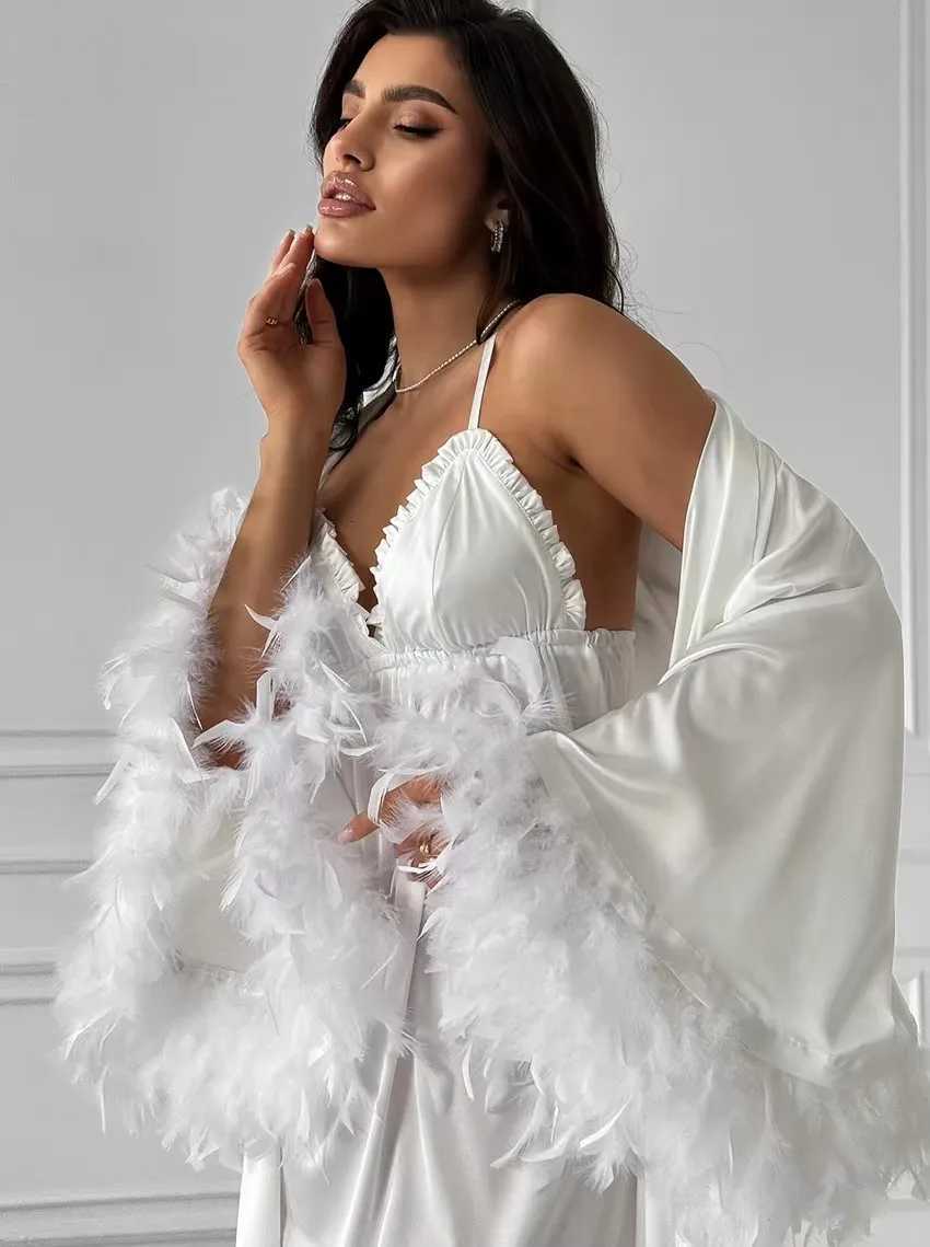 Wedding Bride Robe Morning Gown Elegant Feather Female Kimono Bathrobe Gown Sexy Rayon Summer New Sleepwear Nightwear Lingerie C251216