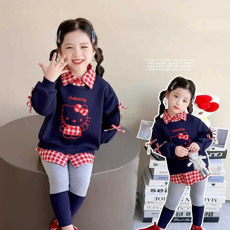 Sanrio Hello Kitty Pullover Pants 2-Piece Set Girl Spring Autumn Tops Leggings Child Kawaii Cartoon Fashion New Casual Clothing H251216