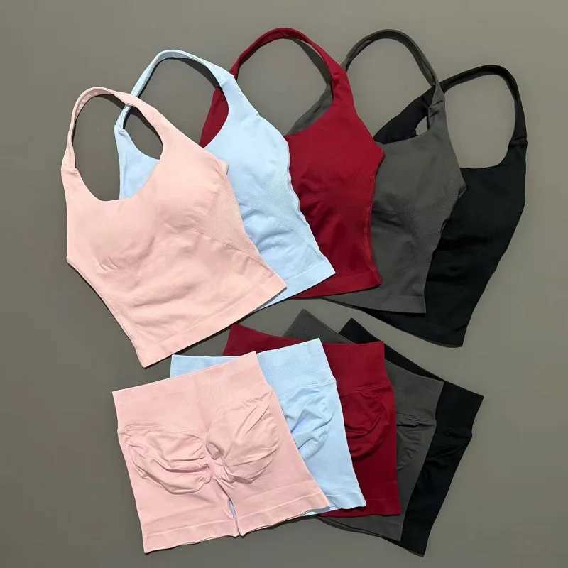 2 Pieces Shorts Yoga Set Women Backless Halter Tops High Waist Seamless Shorts Gym Suit Fitness Sportswear Workout SetsXJ251216