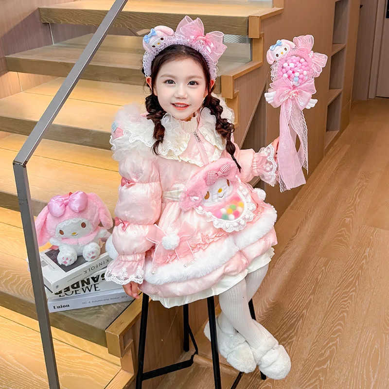 Sanrio Anime My Melody Girl Lolita Long Down Jacket Dress Kid Winter Thick Coat Bow Decoration Birthday Dress Velvet Top Festival Gift H251216